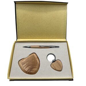 Wooden Gift Set Mulberry Wood Heart Pen Mirror Keychain Engrave Holiday Office